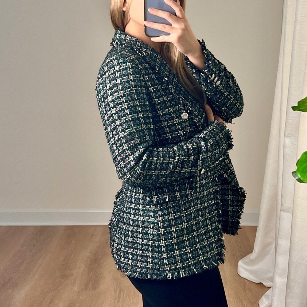 Rachel Zoe Green Metallic Plaid Tweed Double Breasted Blazer M Holiday Festive - Picture 9 of 9